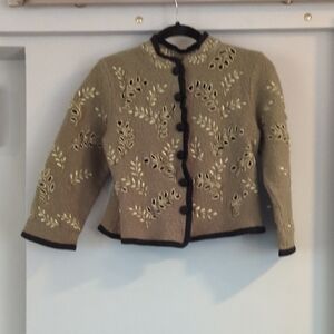 100% Wool Eyelet Cardigan - Tan and Black